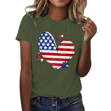 Imagem de Camiseta feminina com bandeira americana 4 de julho coração gráfico grande camiseta manga curta verão gola redonda camisetas casuais 2024, Verde militar, 3G
