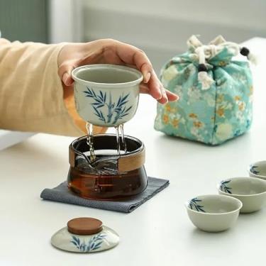 Imagem de Conjunto de chá portátil com tema floral, 1 bule de cerâmica e 3 mini xícaras, presente de chá para amantes de chá (bambu)