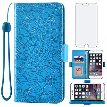 Imagem de Capa carteira compatível com iPhone 6plus 6splus 6/6s Plus e protetor de tela de vidro temperado com suporte para cartão para iPhone6 6+ iPhone6s 6s+ i 6P 6a S Six iPhone6splus feminino masculino azul