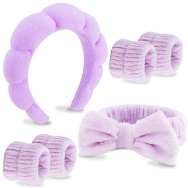 Imagem de VELSCRUN Pacote com 6 faixas de cabelo de spa, faixa de maquiagem para lavar o rosto, faixas de cabelo para cuidados com a pele, faixa de cabelo esponja roxa gravata borboleta para spa para lavar o