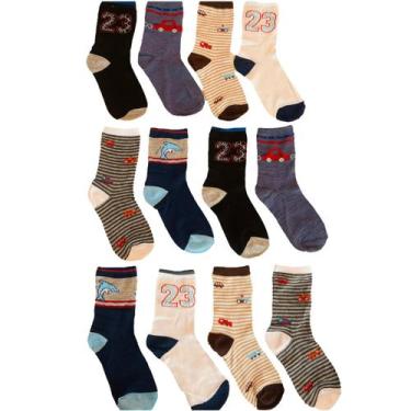 Imagem de Kit 12 Pares de Meia Infantil Menino Cano Longo 6-8 anos Cores e Estam