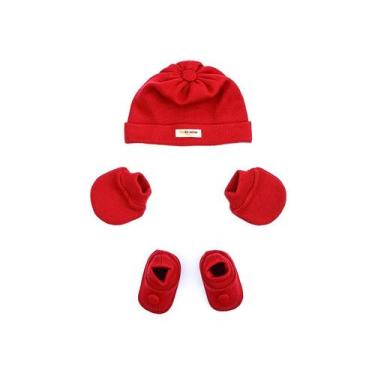 Imagem de Kit Saída Maternidade Touca Sapatinho E Luvas Vermelho Trico Kit 3 Peç