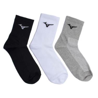 Imagem de Kit 3 Pares Meias Esportivas Mizuno Cano Médio Cinza/Branco/Preto, Cin
