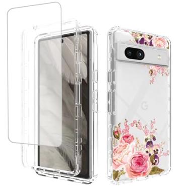 Imagem de Bohefo Capa para Pixel 7A, capa para Google 7A G0DZQ com protetor de tela de vidro temperado, capa protetora para celular à prova de choque floral fofa de corpo inteiro para Google Pixel 7A rosa