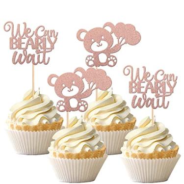 Imagem de 24 peças We Can Bearly Wait Cupcake Toppers Glitter Balloon Bear Palhetas de Cupcake de Chá de Bebê Decorações de Bolo para Tema de Revelação de Gênero Chá de Bebê Crianças Suprimentos de Festa de Aniversário Ouro Rosa