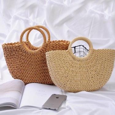 Imagem de Bolsa Feminina de Palha Artesanal Redonda Com Alça De Mão Grande Praia