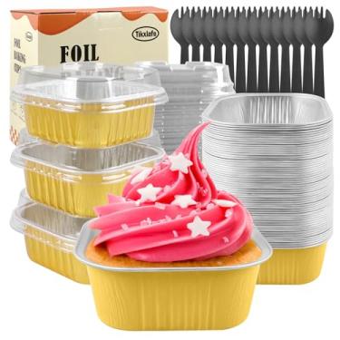 Imagem de Formas de bolo de 293 ml com tampas, pacote com 50, pratos de jantar descartáveis para cupcake, copos quadrados de folha de alumínio para brownie-dourado