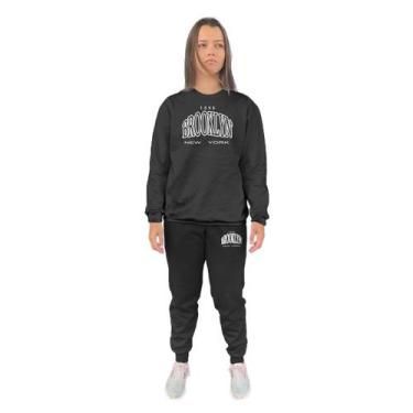 Imagem de Conjunto de Moletom Feminino Blusa Sem Capuz e Calça Jogger Estampado 