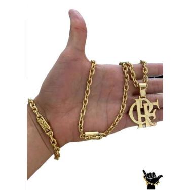 Imagem de Corrente Cadeado 6mm + Pulseira + Pingente - Banhado a Ouro - ToJoia18