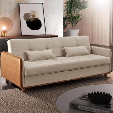Imagem de Sofá Cama Baú Lavras 205cm Linho bege com Braço em Sintético Marrom - 