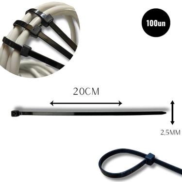 Imagem de Abraçadeira Nylon Enforca 2,5 x 200mm Kit C/ 100 Cinta Plástica Fixadora Fita Hellerman 20cm Preta