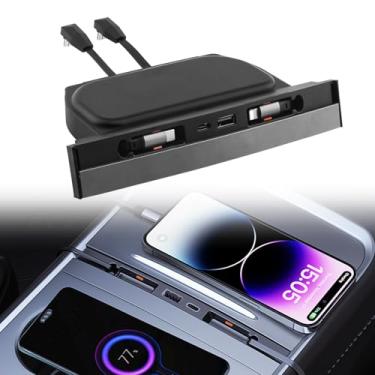 Imagem de Zekrom Hub USB retrátil para console central Tesla Model 3 2021-2023 para Tesla Model Y 2021-2024, acessórios internos, estação de ancoragem de controle central com cabos de carregamento rápido