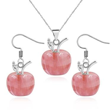 Imagem de Vivaday Conjunto feminino de colar e brincos de cristal de maçã | Brincos de gota de maçã de cristal natural com folha de zircão | Corrente de latão Joia de Natal para mãe esposa professora YA4030,