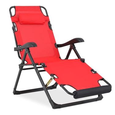 Imagem de MoNiBloom Cadeira de jardim para pátio, reclinável, portátil, dobrável, com barra de suporte adicional e apoio para os pés ajustável para piscina, quintal, praia, vermelho