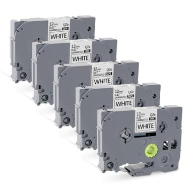 Imagem de 5 PK TZ231 Fita adesiva compatível com Brother P Touch Label Tape refil TZe 12 mm 0,47 polegadas branco laminado P Touch Maker Tape TZe231 para Brother PTD400 PTD220 PT-D210 PTH111 preto sobre branco