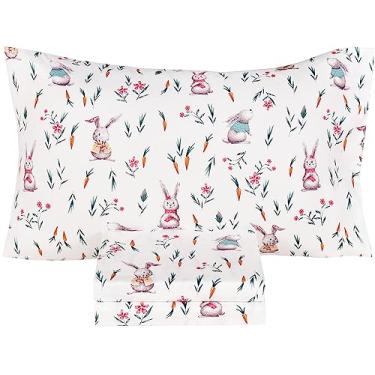 Imagem de Scientific Sleep Conjunto de Lençóis de Cama de Solteiro 100% Algodão Aconchegante com 3 Peças de Flor de Coelho Fofo e Cenoura Bebê, Lençol Plano e Lençol com Elástico e Fronha, C (Gêmeo, Coelho)