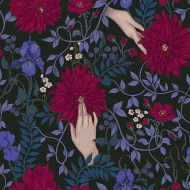 Imagem de VEELIKE Papel de parede vintage gótico de descascar e colar, papel de parede floral escuro para quarto e banheiro, paredes com detalhes 40 x 395 cm, papel de parede removível pré-colado, papel de