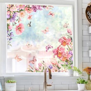 Imagem de Tanlaby Adesivos de janela de flores rosa primavera verão floral borboleta adesivo estático dupla face decalque de vidro anticolisão para espelho vidro janelas portas banheiro