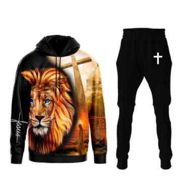 Imagem de Conjunto Moletom Cristão Leão Full Calça Capuz Forrado Bolso - Dall Be