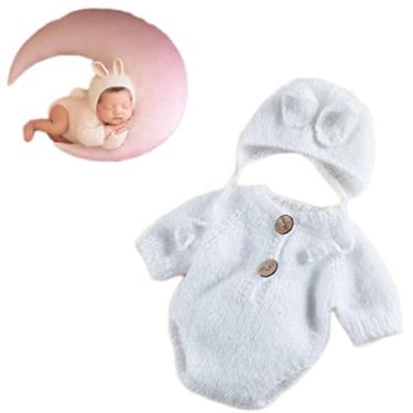 Imagem de Roupas de bebê recém-nascido coelho crochê crochê acessórios de fotografia recém-nascido roupas de bebê (branco puro)