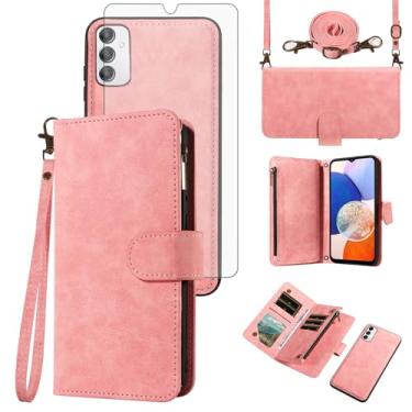 Imagem de Asuwish Capa de celular para Samsung Galaxy A14/M14 5G com zíper carteira destacável com protetor de tela de vidro temperado alça transversal alça flip porta-cartão A 14 4G 14A 14M G5 feminino ouro