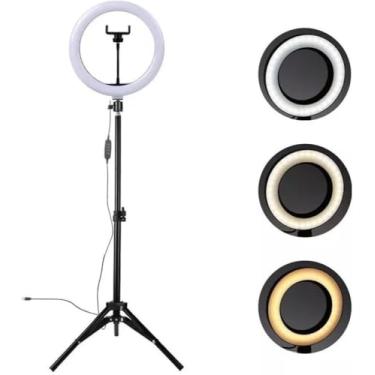Imagem de Ring Light Iluminador LED Profissional 26cm com Tripé 210cm – Luz Branco Frio, Cor Preto