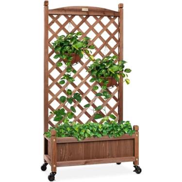 Imagem de Vaso de madeira e treliça de treliça, cama de jardim móvel elevada para plantas trepadeiras, orifícios de drenagem, caixa de plantador com vaso de treliça