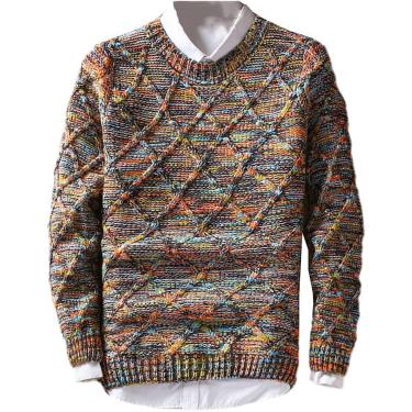 Imagem de Suéter masculino de malha com gola redonda, pulôver casual de lã slim estilo diamante, marinho, l