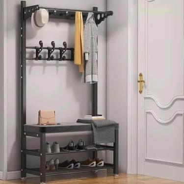 Imagem de Banco de armazenamento de árvore 3 em 1 hall de entrada de árvore, banco de armazenamento, cabideiro, sapateira, com ganchos, banco para troca de sapatos, árvore com banco e armazenamento de sapatos