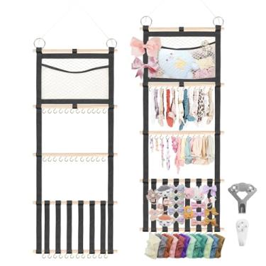 Imagem de Munzong Suporte de faixa de cabeça 132 x 43 cm, organizador de laço de cabelo para meninas, organizador de faixa de parede preto com rede de armazenamento, acessórios de cabelo para decoração de