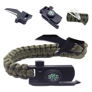 Imagem de Pulseira de Sobrevivência Paracord com Bússola, Pederneira, Faca e Apito (Preto)