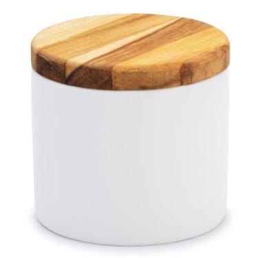 Imagem de Pote de porcelana com tampa de madeira teka porta algodão - Loja Bora,