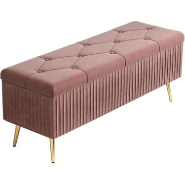 Imagem de Banqueta retangular de veludo dobrável para armazenamento contra incêndios, armazenamento de grande capacidade, adornado com botões e pernas antiderrapantes, 60 x 40 x 45 cm, rosa