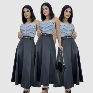 Imagem de Kit 3 Saia Longa Feminina material sintético Cintura Alta Rodada - Swi