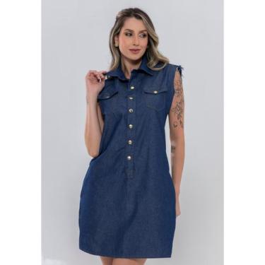 Imagem de Vestido Feminino Jeans Chemise regata soltinho com botões e bolso moda