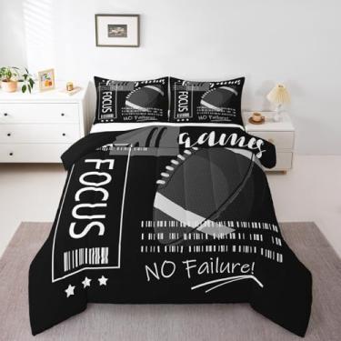 Imagem de Erosebridal Jogo de cama casal de rúgbi, preto e branco, para decoração de quarto de crianças, meninos, meninas, tema esportivo, jogos de bola, edredom com 2 fronhas