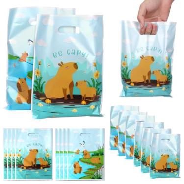 Imagem de 50 peças, saco de presente com tema de capivara, plástico, colorido, fofo, estampa de capivara, lembrancinha de festa, sacolas com alças para lanches, doces, pequenos presentes, meninos, meninas