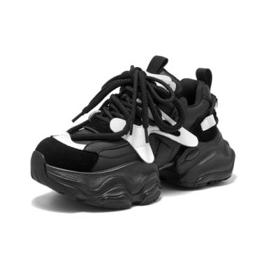 Imagem de BEAU TODAY Tênis feminino grosso, moderno, com cadarço, plataforma confortável, sapatos femininos de couro, Preto/branco, 36
