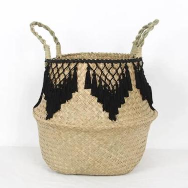 Imagem de PY3H69 Cesta de armazenamento de algas marinhas cesta de lavanderia de renda cesta de flores de vime natural organizador de brinquedos de palha preto e branco (preto, 32 x 28 cm)