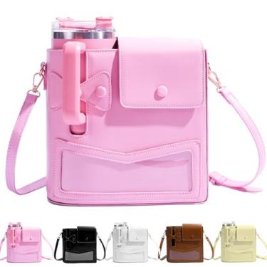 Imagem de Bolsa tiracolo portátil para armazenamento de copo de água, alça de ombro ajustável para armazenamento de acessórios Stanley Cup (rosa), Rosa