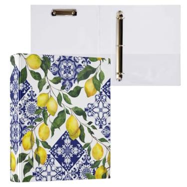 Imagem de Vuiyean Fichário de limão com azulejo azul francês de 3 cm com prancheta e bolsos, fichários de capa dura de limões étnicos com 3 anéis, pasta de arquivo grande resistente para material escolar de
