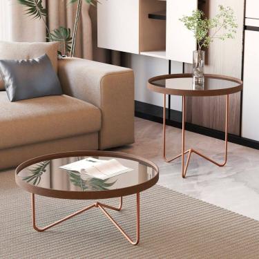 Imagem de Mesa Lateral Alamanda com Borda em Couro Sintético e Espelho Além Dos Pés em Ferro Castanho/bronze