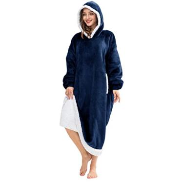 Imagem de HBlife Cobertor longo grande para adultos, moletom grosso sherpa com mangas elásticas e bolsos gigantes, superquente e aconchegante, felpudo, cobertor de lã, azul marinho