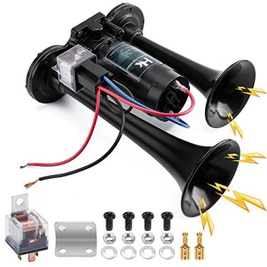 Imagem de Buzina pneumática de 12V 150db para caminhão da HK, kit de buzina de ar de trompete duplo super alto com compressor para qualquer veículo de 12 V, caminhões, trens, barcos, carros, vans, kit (preto)