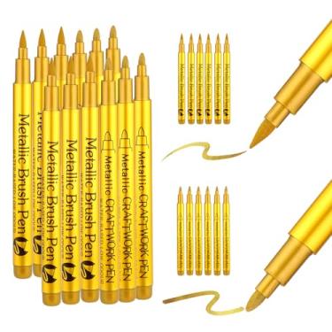 Imagem de Snailmart 12 canetas de tinta acrílica dourada, marcadores metálicos permanentes para pintura rupestre, madeira, metal, tecido, plástico, tela, vidro, cerâmica, artesanato DIY (6 pontas redondas + 6