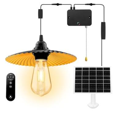 Imagem de irillaNove Luz pendente solar ao ar livre, luz solar para galinheiro IP65, à prova d'água, lustre de metal embutido, bateria de 10400 mAh com cabo de puxar e controle remoto, para varanda, galpão