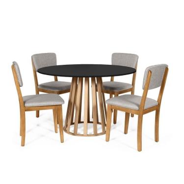 Imagem de Mesa De Jantar Redonda Gabi Pret/jade Com 4 Cadeiras Estofadas Ella Cinza Claro