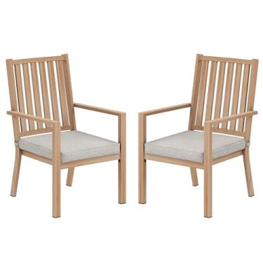 Imagem de RoyalCraft Conjunto de 2 cadeiras de jantar para pátio, cadeiras de jantar ao ar livre de alumínio com almofadas à prova d'água, móveis de metal para terraço, varanda, deck, quintal, cor de madeira
