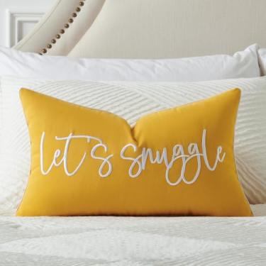 Imagem de Sunkifover Let's Snuggle Capa decorativa para almofada lombar - Fronha bordada de algodão amarelo e branco de 30 x 50 cm para cama, quarto, sala de estar, decoração de casa