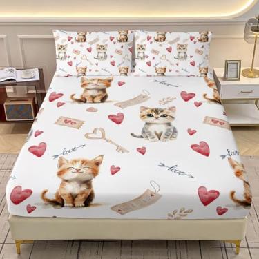 Imagem de AILONEN Jogo de lençol kawaii, para crianças, meninas, Queen, coração de amor, gato, gato, desenho animado, animal de estimação, gato, 1 lençol com elástico + 2 fronhas, 3 peças